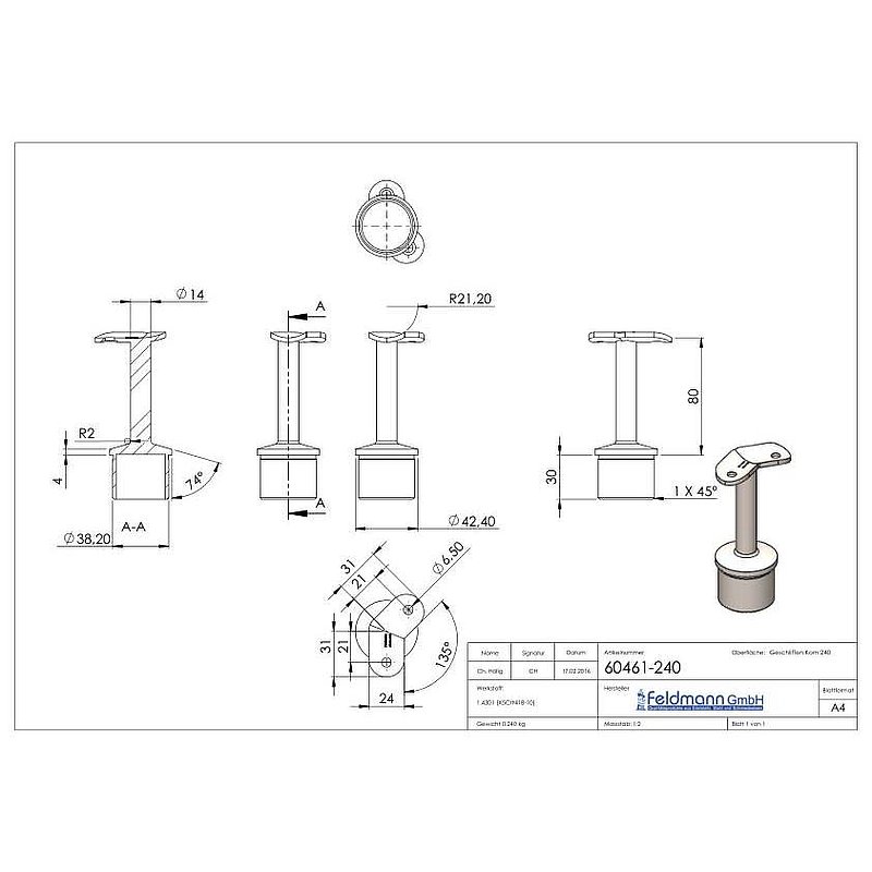 Rohrabschlussstopfen für Rohr 42,4x2,0mm, Handlaufanschlussplatte 135°, V2A