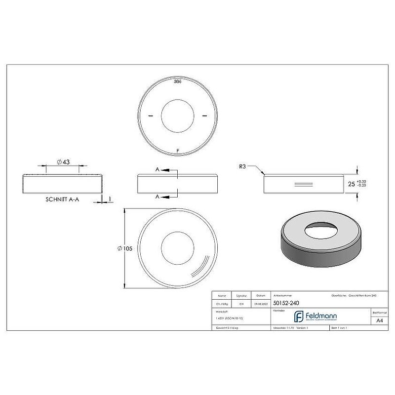 Rosace de recouvrement, 105x25mm, avec perçage Ø 43mm, V2A