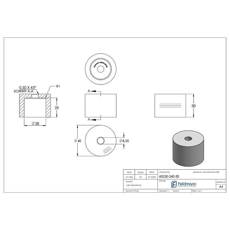 Entretoise Ø 40mm, avec trou de passage, ép.: 30mm, V2A