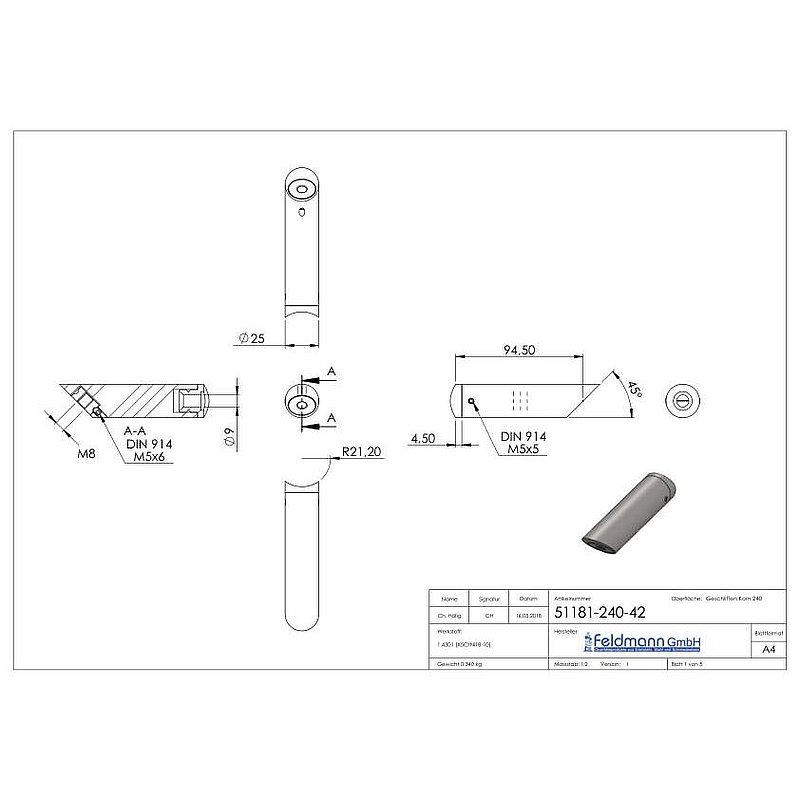 Angled tube spacer, for tube connection 42.4 mm, AISI304