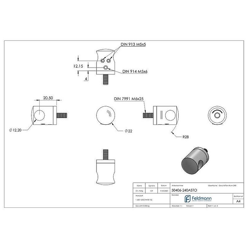 Cross bar holder for butt joint for straight connection, 12.2 mm hole, AISI304