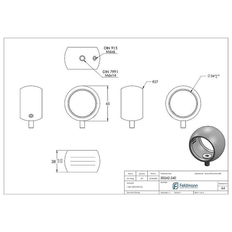 Kugelring für Handlaufhalter, 33,7mm, V2A