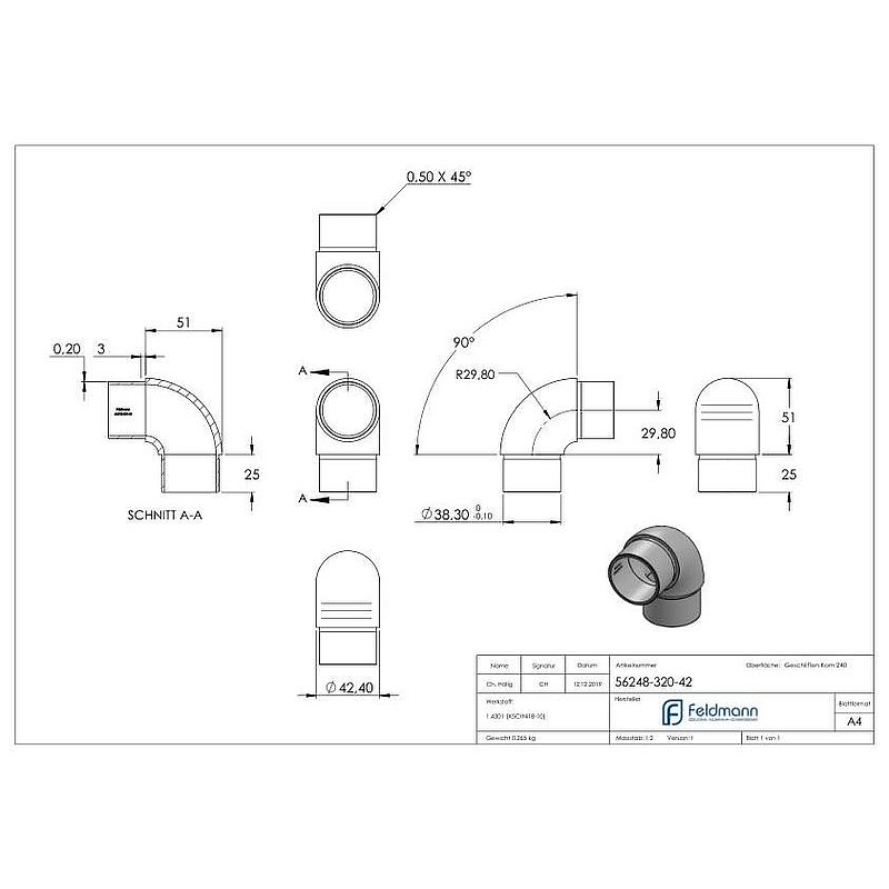 Tube coudé à 90° étroit, pour tube Ø 42,4x2,0mm, V2A