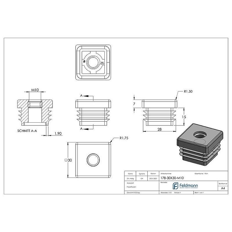 Bouchon plastique pour tube carré 30x30mm avec M10