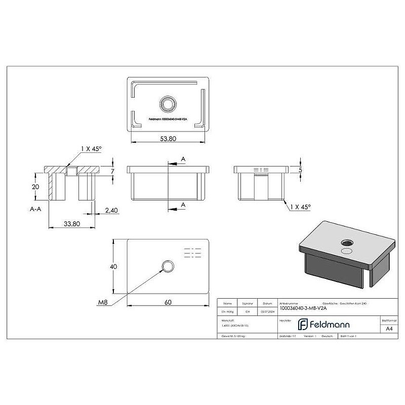 Capuchon à enfoncer, pour tube 60x40x3,0mm, avec taraudage M8, V2A