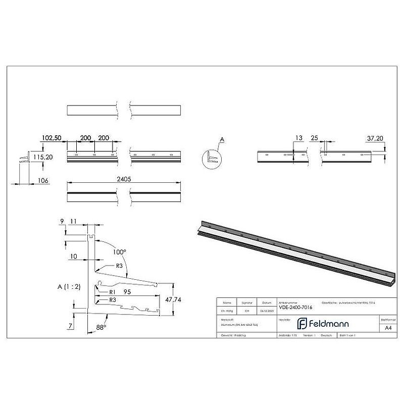 Eleganza canopy profile , L: 2405mm, aluminum RAL 7016