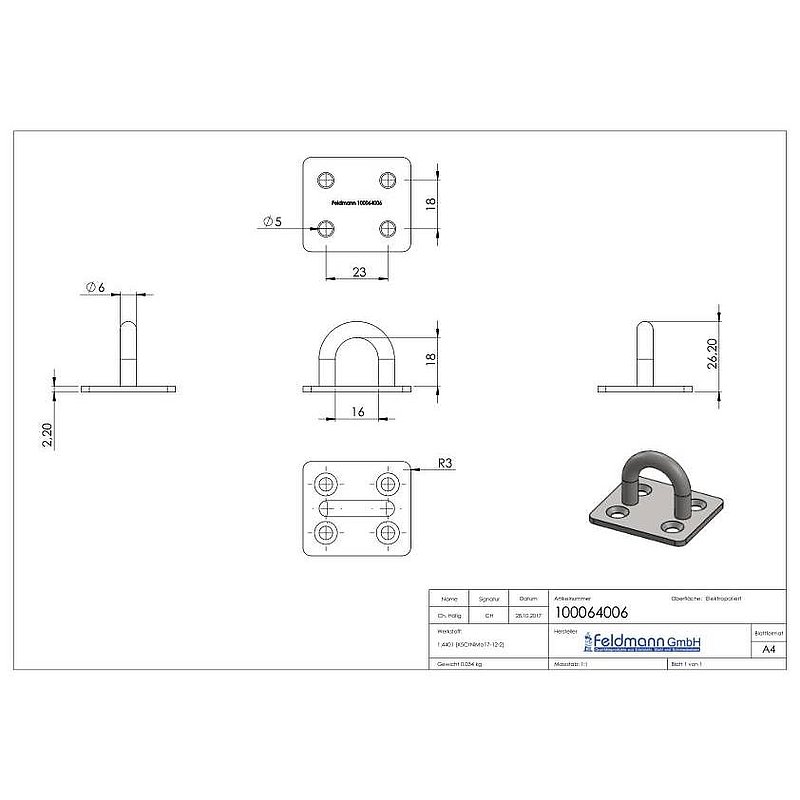 Fixing eyelet, round bar: 6mm, AISI316