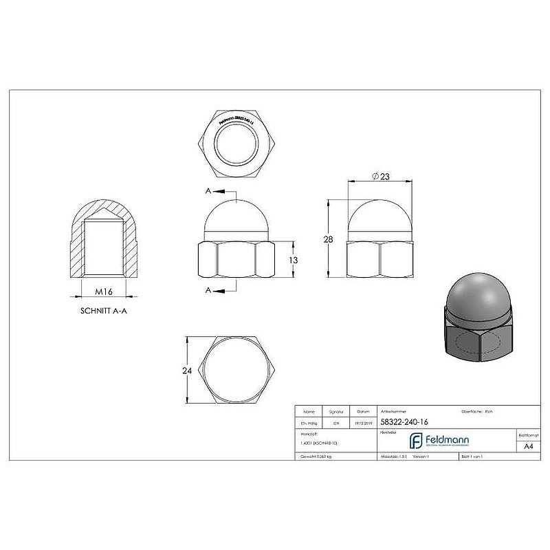 Hexagon cap nut M16, DIN 1587, AISI304