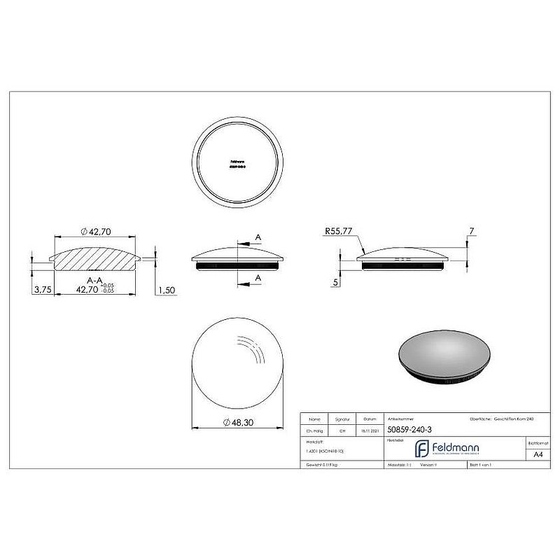 Bouchon pour extrémité de tube, pour tube 48,3x3,0mm, V2A