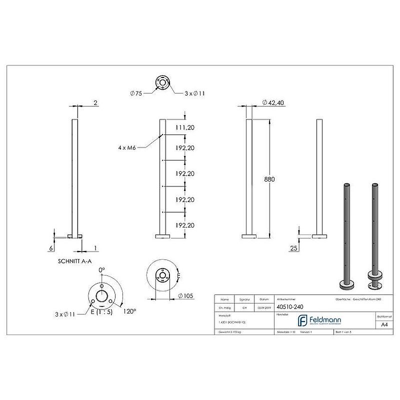 Stainless steel post AISI304 for floor mounting, H: 880mm
