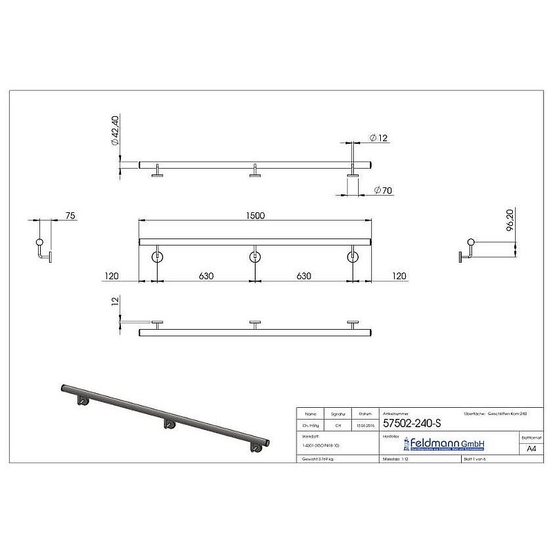 Handrail, ready to install, L: 1500mm, AISI304