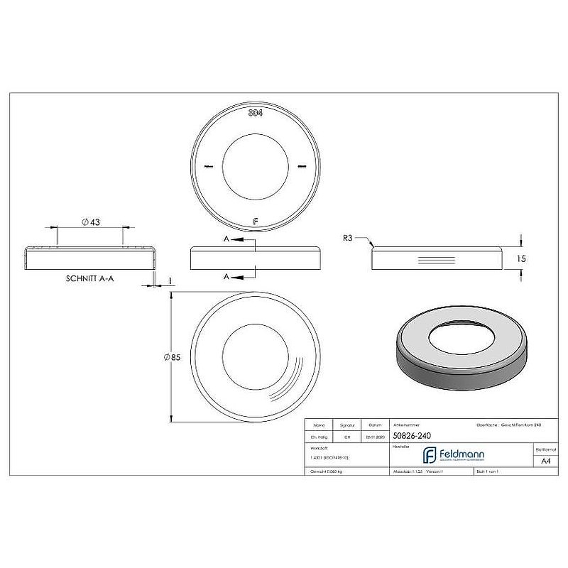Cover rosette, 85x15mm, bore 43mm, AISI304