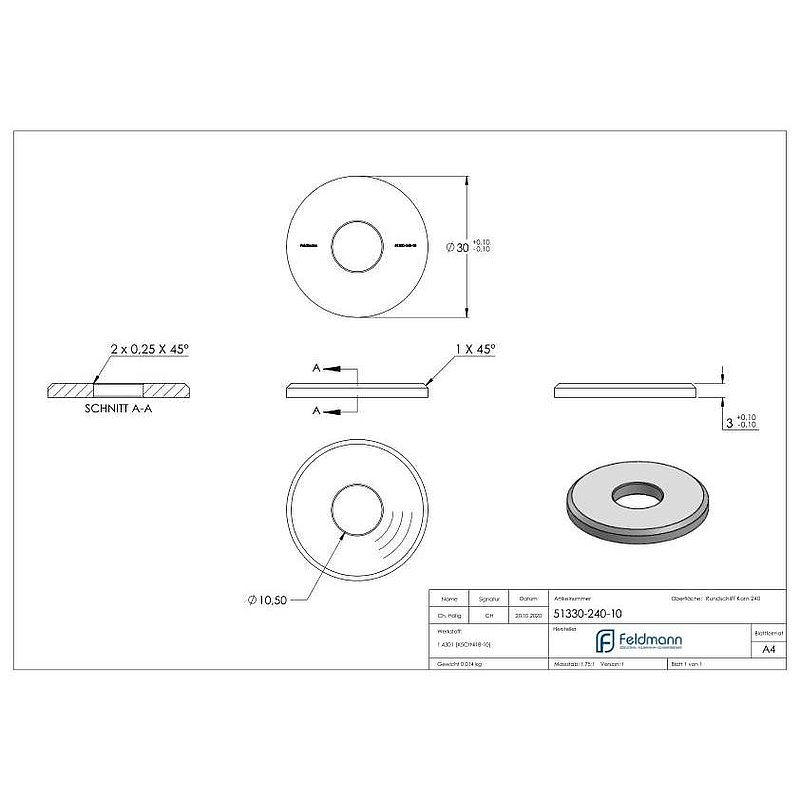 Beilagscheibe 30x3mm mit Fase, Bohrung 10,5mm, V2A