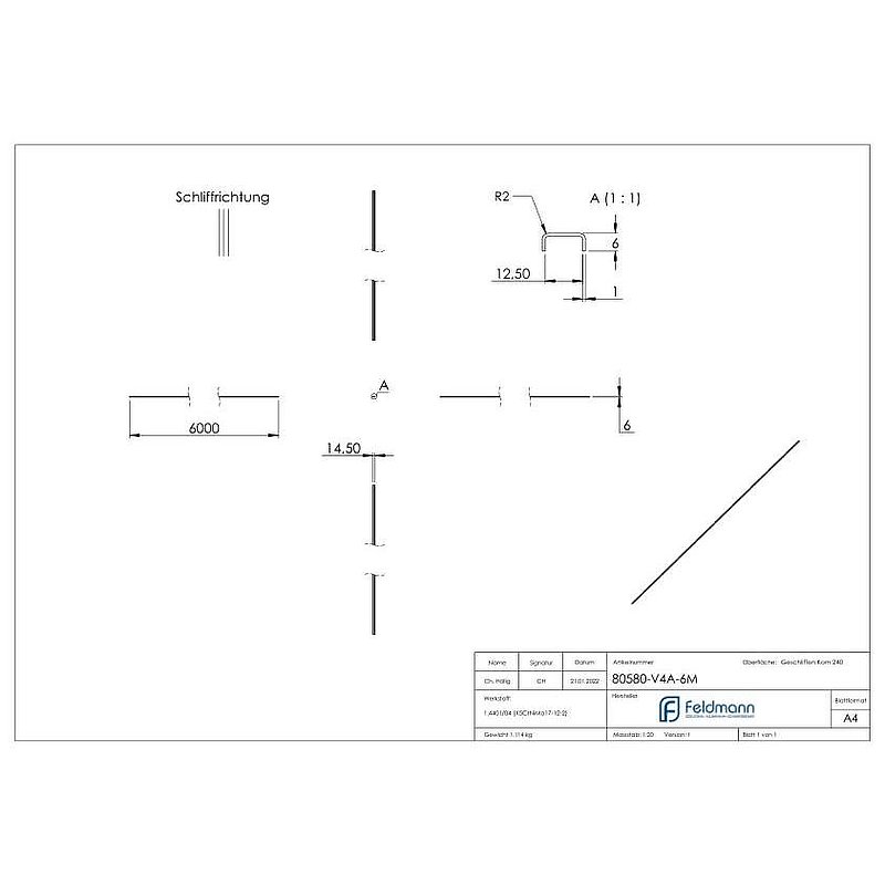 Edge protection EXTRA SLIM, for glass 10.00 - 11.52mm, L: 6000mm, stainless steel AISI316