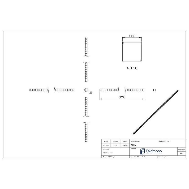 Carré S235JR, 30x30mm, L : 3000mm