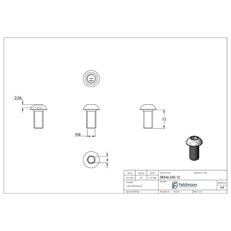 Round-head screw M6x12, AISI304, DIN 7380-1
