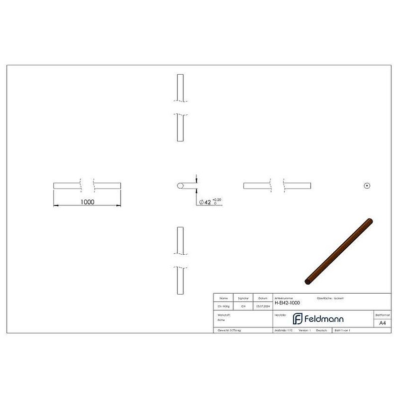 Mains courantes en bois de Chêne, Ø 42,4mm, L: 1000mm
