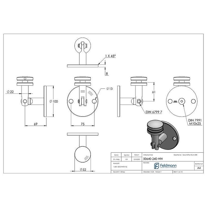 Fixation murale pour auvent en verre suspendu, V2A