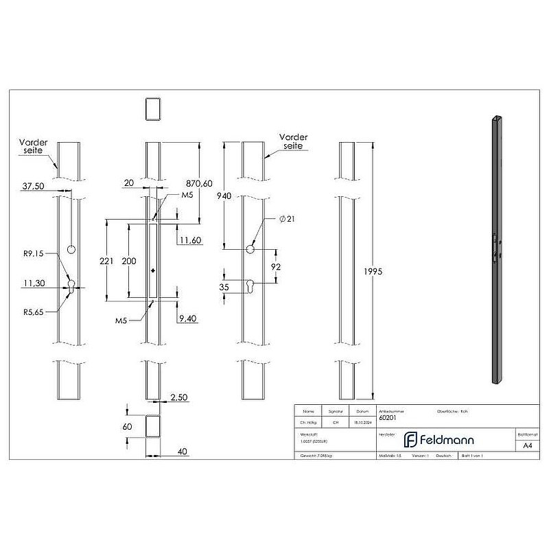 Tube de serrure 60x40 lisse, L : 2000mm