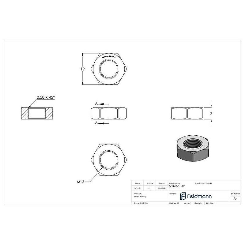 Écrou hexagonal bas M12