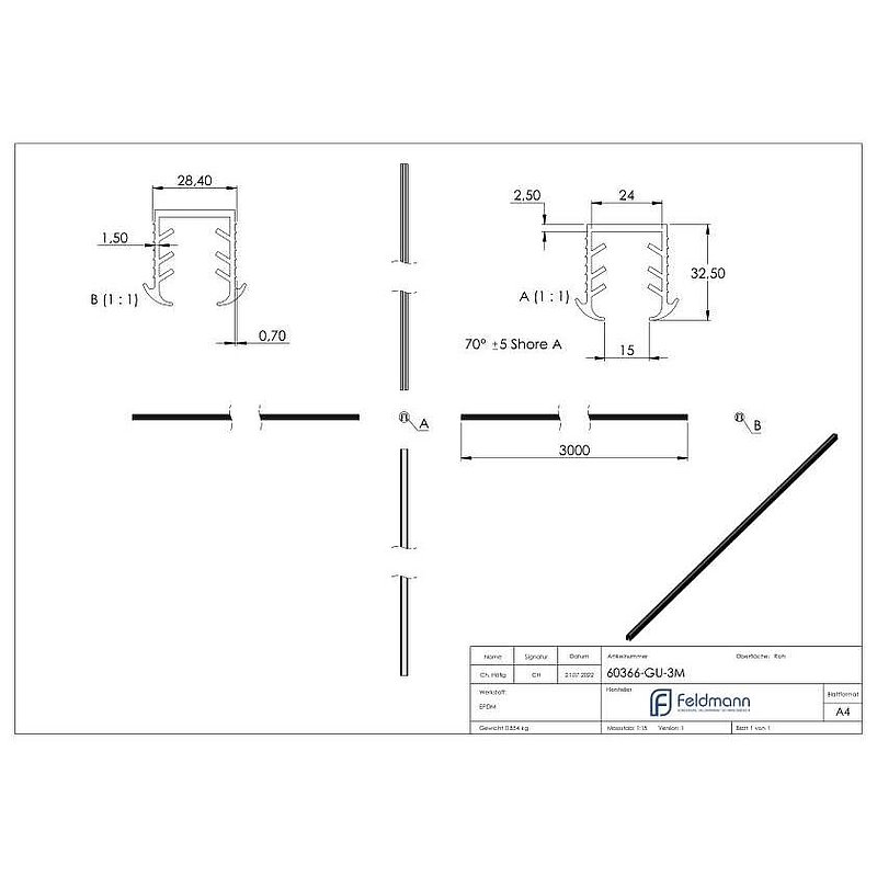 Keildichtung Glas 16,76 – 17,52mm, für Nut 27x30mm, 3m
