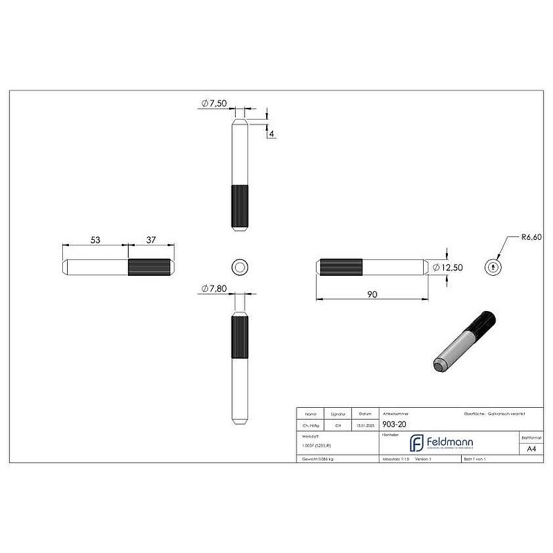 Connecting pin for track with Ø 20mm