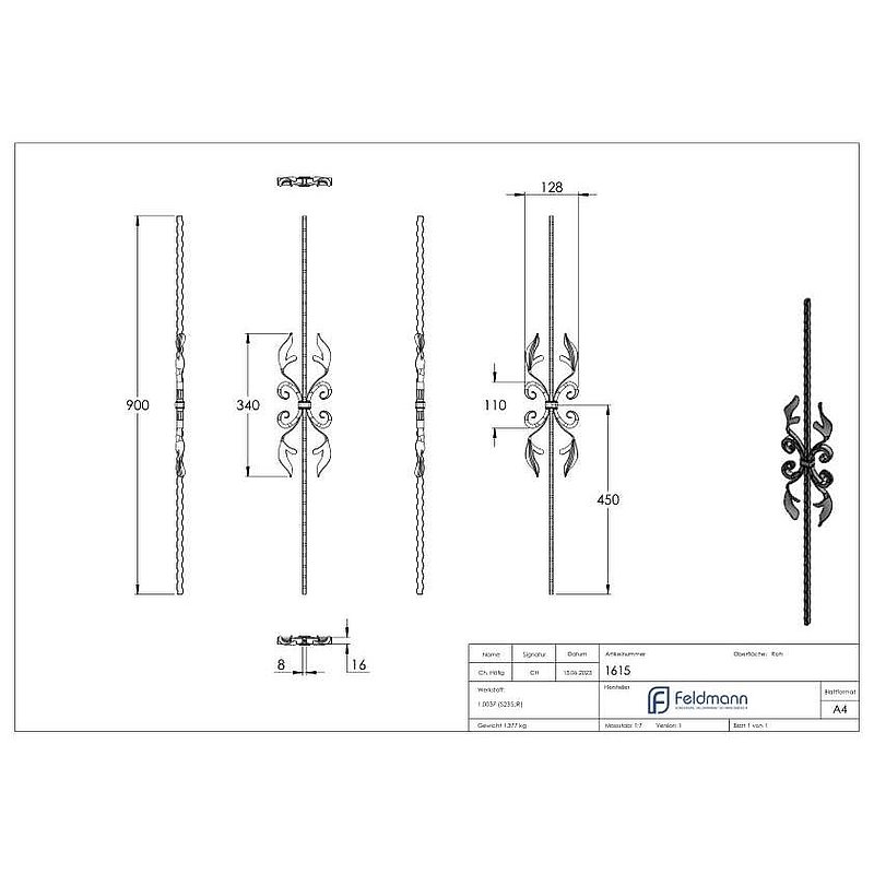 Zierstab 16x8mm, gehämmert, H: 900mm
