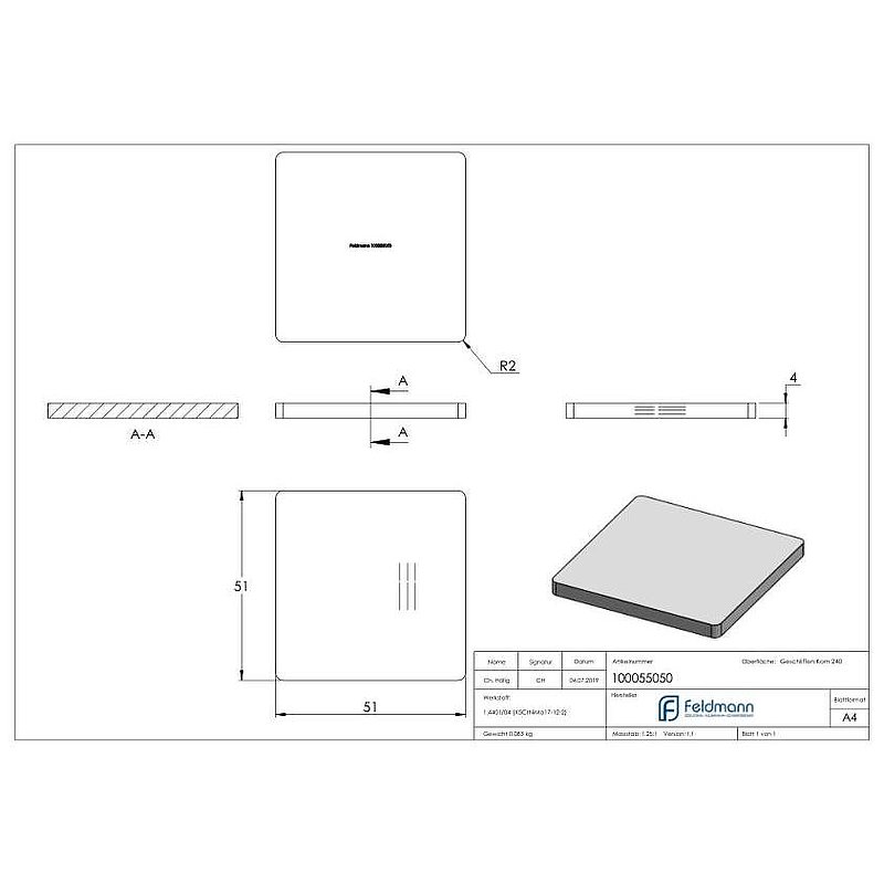Flachkappe für Quadratrohr 50x50, V4A