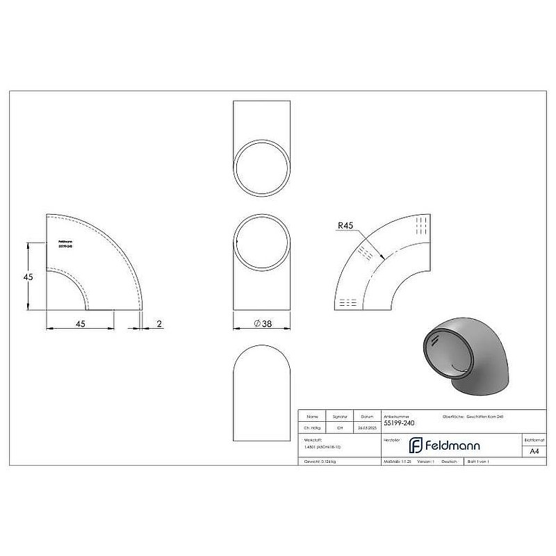 Schweißbogen 90°, 38,0 x 2,0mm, V2A