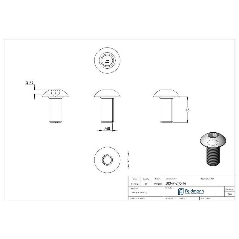 Round-head screw M8x16, AISI304, DIN 7380-1