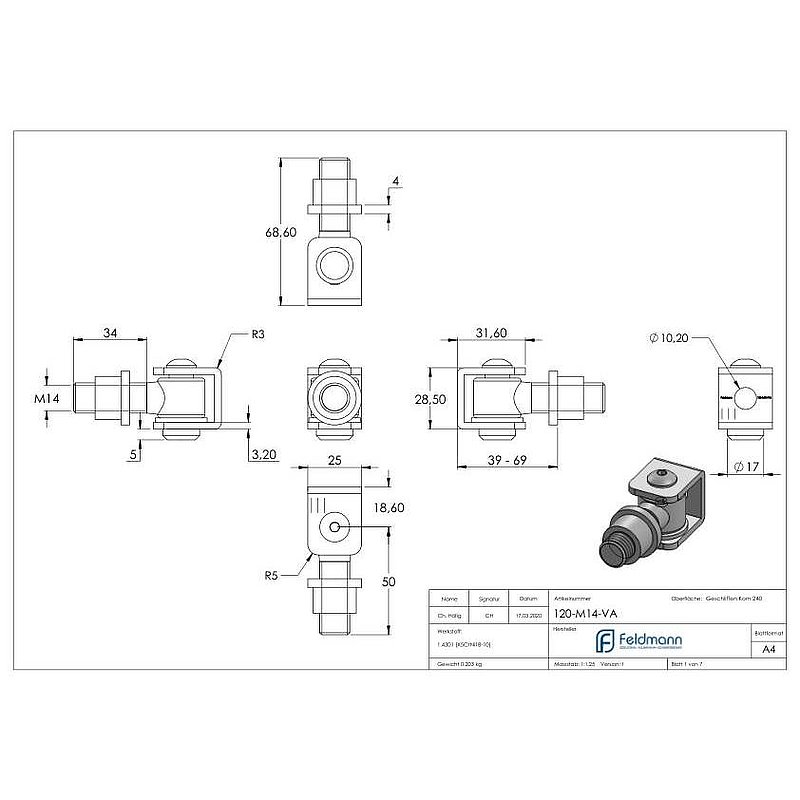 Door hinge with threaded sleeve M14, AISI304