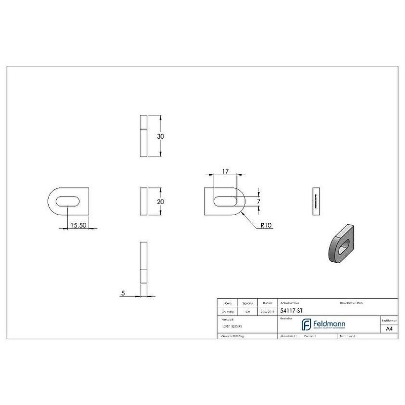 Weld-on bracket, 30x20x5mm