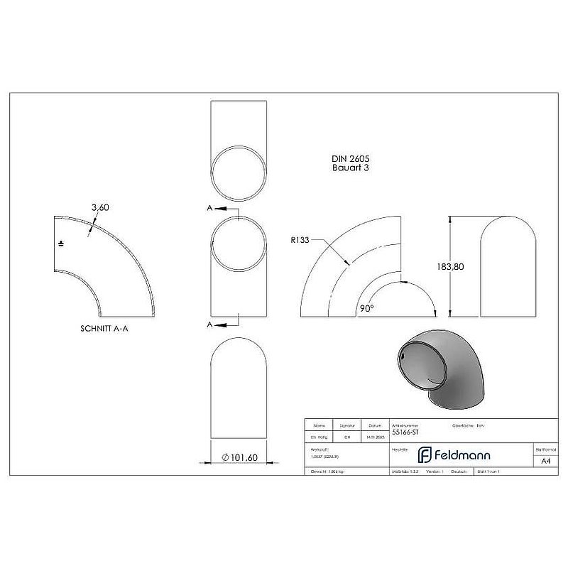 Welding arc 90°, 101,6x3,6mm
