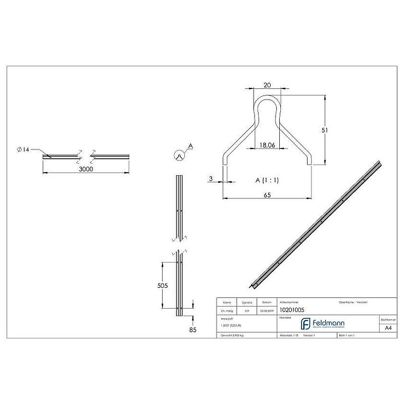 Running rail 20mm, L: 3000mm for setting in concrete