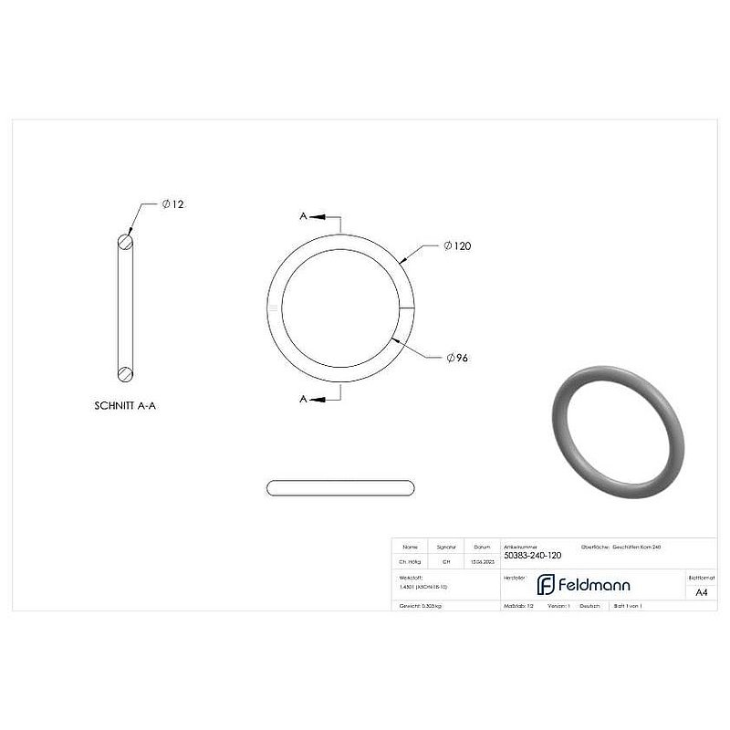 Anneau de Ø 12mm, Ø extérieur 120mm, V2A