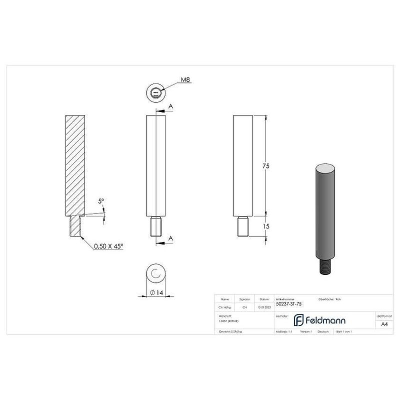 Pin 14mm, L: 75mm