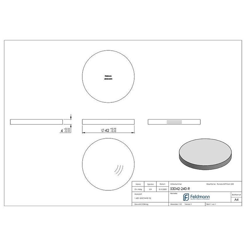 Round plate Ø 42x4mm, with round grinding, AISI304