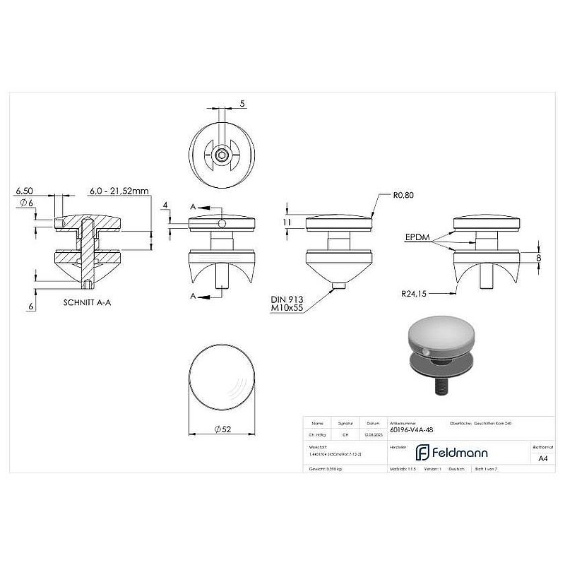 Glass point holder 52mm, connection: 48.3mm, AISI316