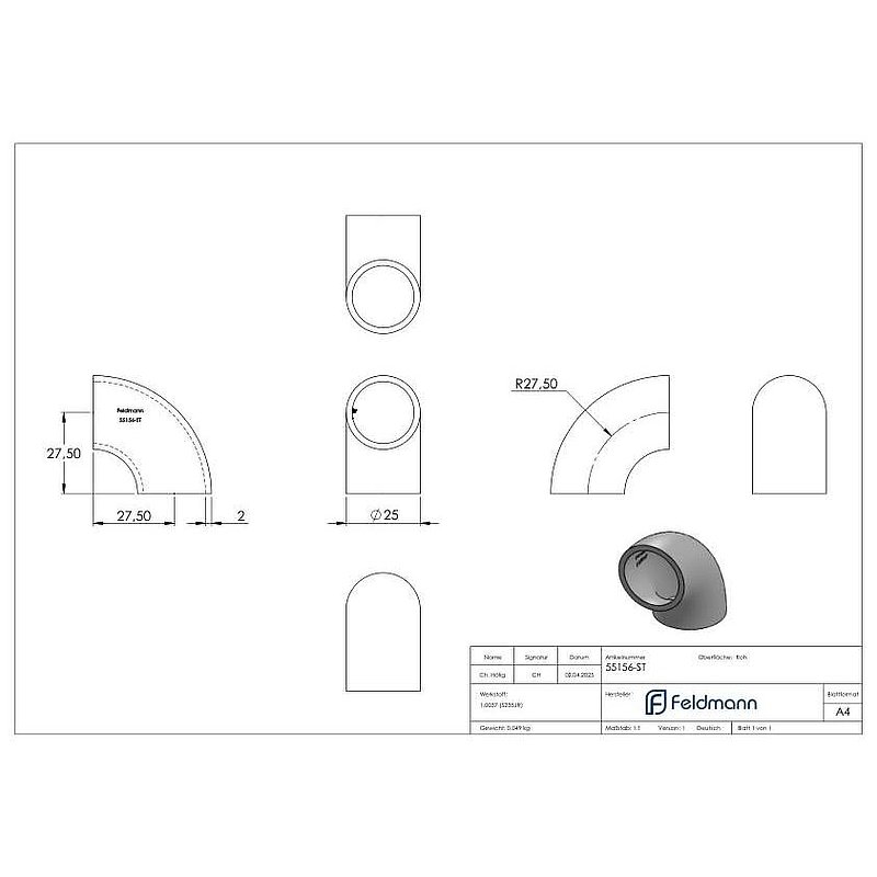 Schweißbogen 90° 25 x 2,0mm, Bauart 3