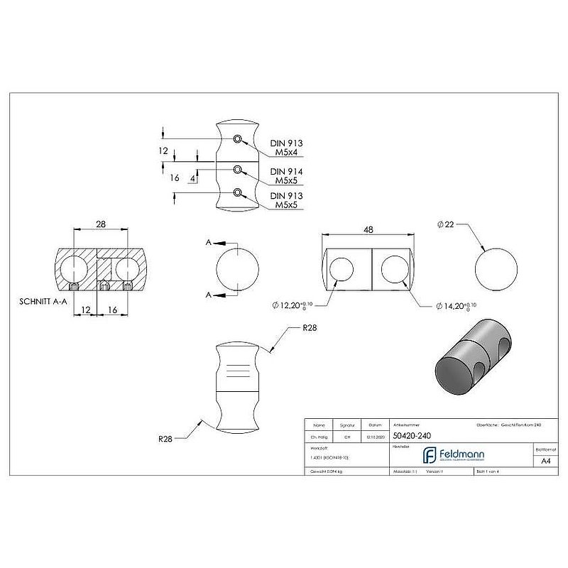 Double Cross bar holder with 12.2 and 14.2 mm bore, AISI304