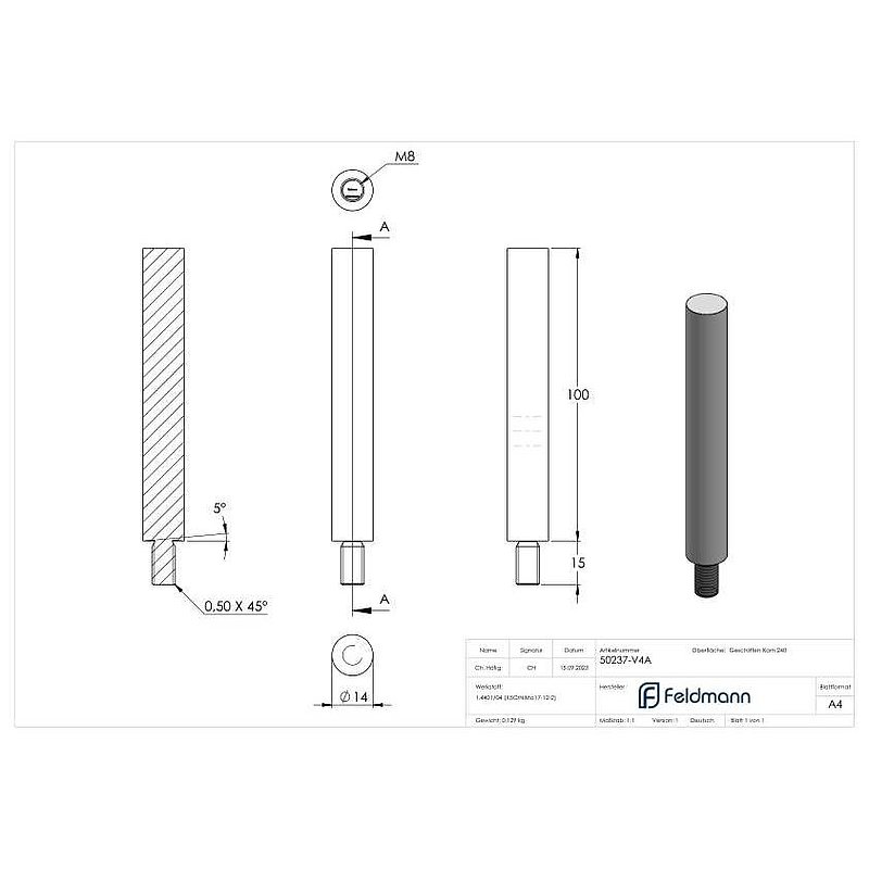 Pin Ø 14mm, L: 100mm, AISI316