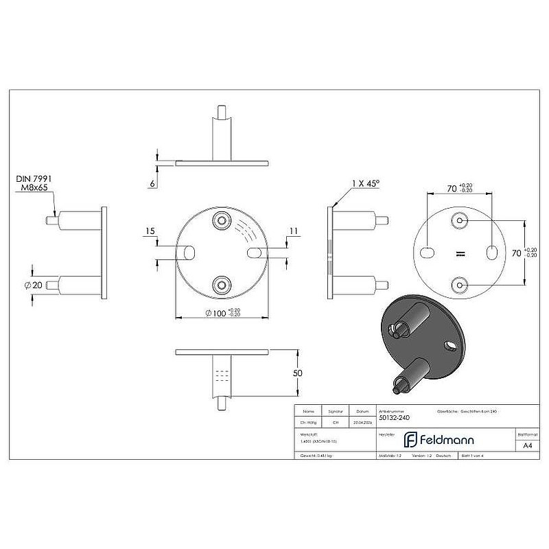 Wandbefestigung für Geländerpfosten 42,4mm, V2A