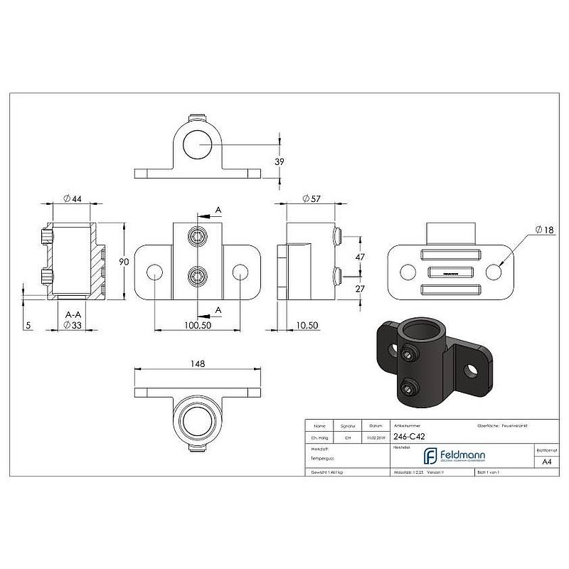 Support mural avec 2 trous de fixation, pour tube Ø 42,4mm