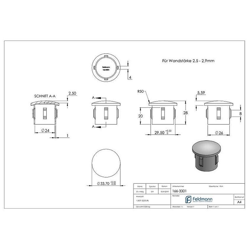 Bouchon en acier, pour tube 33,7mm