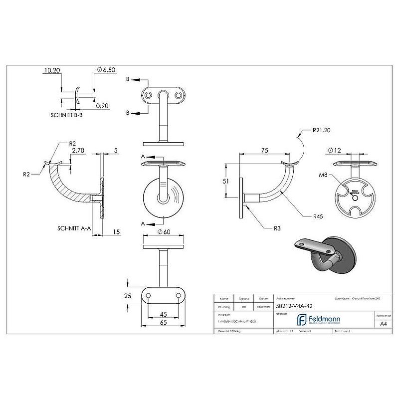 Handrail bracket with handrail connection plate 42.4 mm, (round plate and bracket welded), AISI316