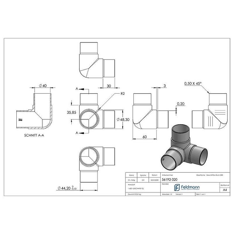 Ecke 90° mit Abgang, für Rohr 48,3x2,0mm, V2A