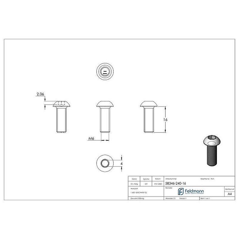 Round-head screw M6x16, AISI304, DIN 7380-1