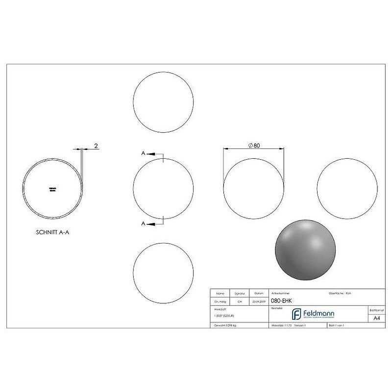 Eisenhohlkugel Ø 80x2,0mm