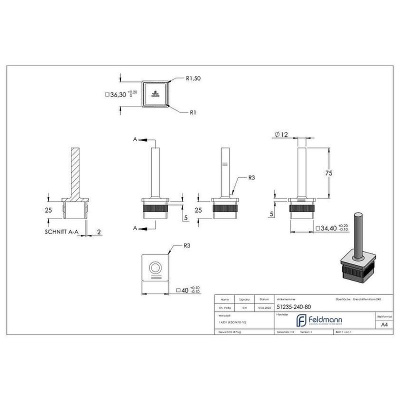 Stopfen mit Stift für Rohr 40 x 40 x 2,0mm, Höhe 80mm