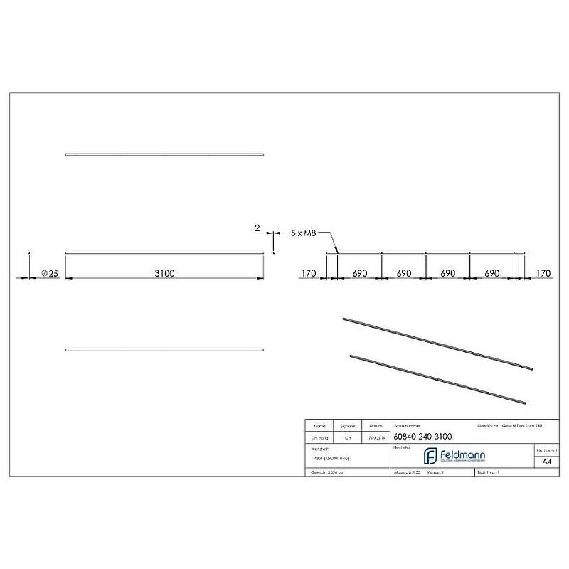 Rail for sliding glass doors, L: 3100mm, AISI304